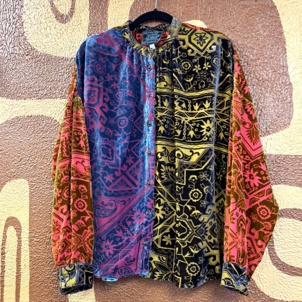 JOHNNY WAS Jade Velvet Burnout Frida Multi Color Shirt Top Blouse Silk Blend S